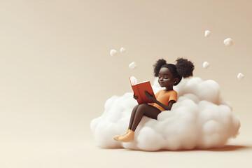 Literature fan a young african girl in the sky on a cloud is reading a book. Funny, abstract cartoon people on beige. 3D rendering, illustration