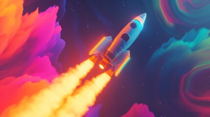 Aufkleber - A rocket ascends into a dazzling cosmic expanse, surrounded by vibrant clouds in various colors. The scene is dynamic, with trails of orange flames illuminating the journey through space at dusk.
