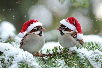 festive new year card with two little funny birds sparrows sit in the winter garden under a spruce branch in red Santa hats with generative ai