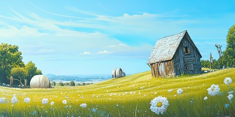 Sticker - Summer landscape - green filed, the blue sky and white 