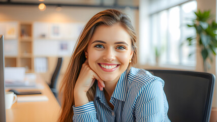 Happy young woman smiling beautiful businesswoman working in office using laptop computer sitting on chair in modern office, working online. Creative career manager girl perfect portrait. AI generated