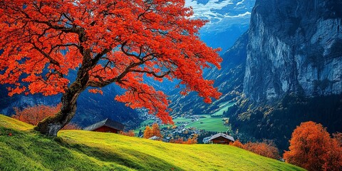 Poster - Picturesque autumn landscape with orange tree, green meadow and blue mountains 