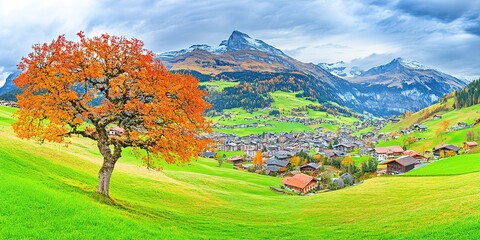 Poster - Picturesque autumn landscape with orange tree, green meadow and blue mountains 