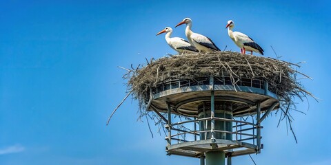 Close-up image of storks nesting on top of a light tower