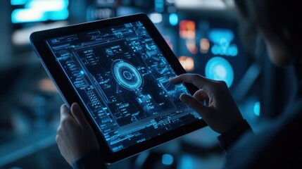 Person Interacting with a Futuristic Tablet Displaying Blue Data