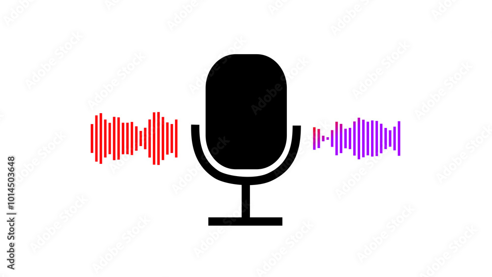 Digital sound waves are audio signals. Black microphone with red audio waveform equalizer, seamless loop. Digital sound equalizer isolated on white background