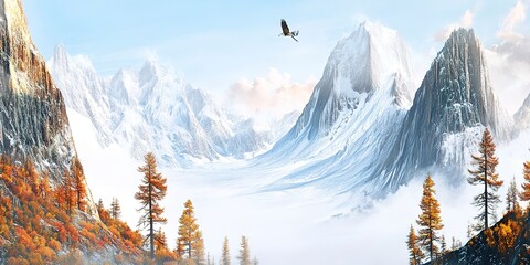 Poster - Stunning autumn landscape featuring a majestic snow-covered mountain backdrop with vibrant fall foliage and misty clouds creating a serene atmosphere 