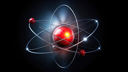 close-up of atomic sphere with orbiting electrons in red highlighting physics principles on black ba