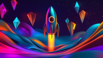 Fototapete - A stunning rocket ascends through a vibrant cosmic landscape, illuminated by a spectrum of colors. Shimmering crystals float in the background, enhancing the dreamlike atmosphere of this scene.