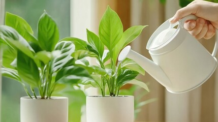 Houseplant Care with Watering Can in Sunlit Room, AI