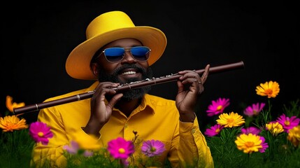 The Joy of Music: A vibrant and stylish man in a yellow hat and sunglasses plays a flute amidst a field of colorful flowers, exuding joy and passion for music 