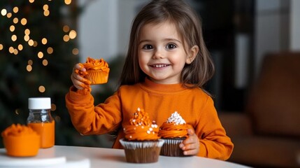 Orange Delight: A cheerful toddler girl in an orange sweater smiles brightly as she holds a delicious orange cupcake, surrounded by festive holiday decor and other treats.  