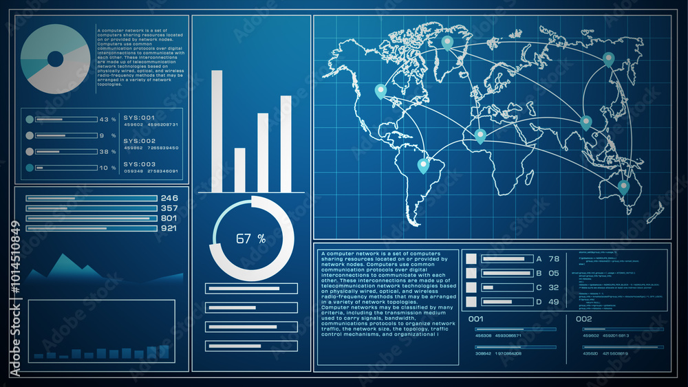 Digital interface showing a global network map with data charts, visual ...