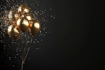 Gold balloon and foil confetti falling on black background with copy space 3d render, copy-space with generative ai