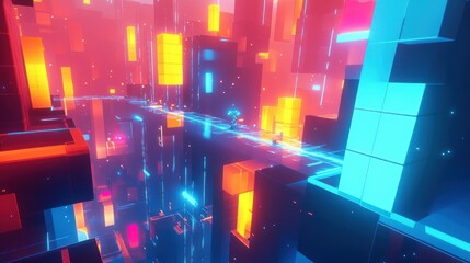 Wall Mural - Abstract Neon Cityscape with Glowing Cubes and Lines