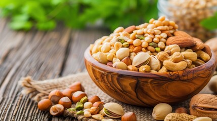 Assorted nuts and seeds in a wooden bowl on rustic table, surrounded by greenery. Perfect for healthy eating and lifestyle concepts.