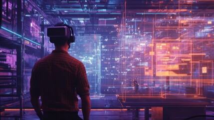 Wall Mural - A Man Wearing VR Headset Stands Before a Futuristic Neon Cityscape