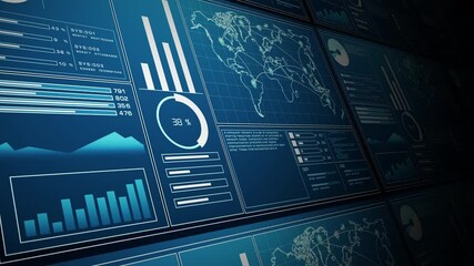 Image showing several digital data dashboards with various charts, graphs, and a global network map, representing analytics and technology. Animation 4k, 3d rendering.