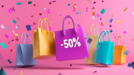 Brightly colored shopping bags float against a pink backdrop, featuring a prominent 50 percent off discount sign surrounded by joyful confetti for a lively shopping celebration.