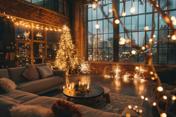 Canvas Print - Living room adorned with Christmas tree and shimmering lights, exuding a cozy and festive ambiance.