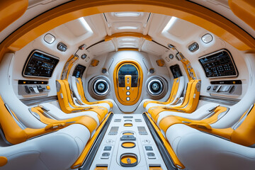 A view of the interior of a space station with yellow and white seats