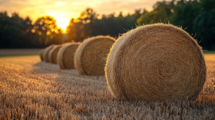 A row of hay bales in a field at sunset.