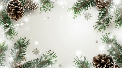 Wall Mural - Festive Pinecone and Evergreen Frame with Snowflakes Winter Theme Seasonal Mockup Holiday Design Concept