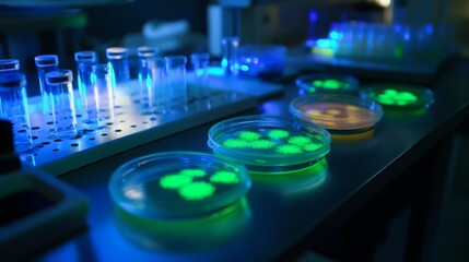 Aufkleber - Several petri dishes containing glowing green bacterial cultures are seen on a table in a laboratory setting. Some test tubes are also visible in the background.