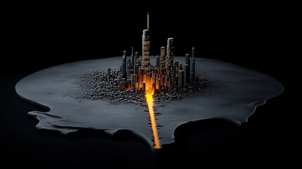 The City of Light: A captivating miniature cityscape sculpted in metal, glowing with an ethereal inner light, representing the resilience and hope of urban life in a dark, abstract background. 