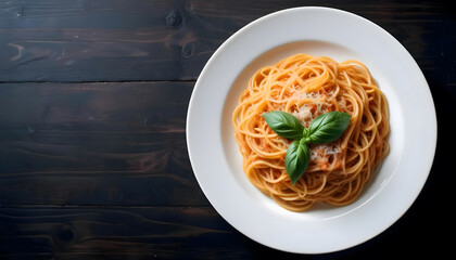 Plate of Spaghetti Pasta with Tomato Sauce Garnished with Fresh Basil Leaves on a Dark Rustic Wooden Table