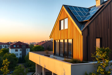 A modern house with solar panels on the roof, featuring large glass windows. The house is situated on a balcony overlooking a neighborhood at sunset.