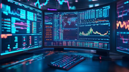 Computer monitors display complex financial data and charts.