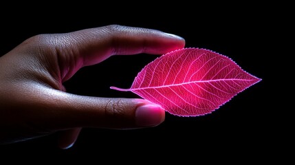 Wall Mural - A Delicate Touch: A hand cradles a vibrant pink leaf, its veins illuminated against a dark backdrop, evoking a sense of fragility and beauty. 