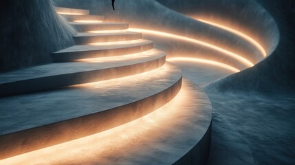 A modern staircase with glowing edges, creating a serene and futuristic atmosphere.