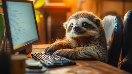 Sloth programmer code data on desktop PC .Funny animals concept .