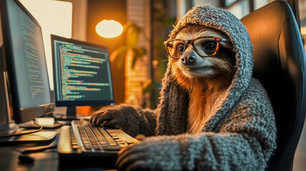 Sloth programmer code data on desktop PC .Funny animals concept .