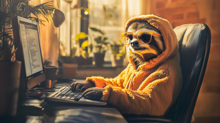 Sloth programmer code data on desktop PC .Funny animals concept .