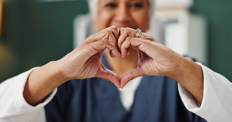 Poster - Portrait, woman and nurse with heart hands, healthcare and support with kindness, thank you and trust. Face, medical and professional with gesture, symbol for love and icon with like, emoji and sign