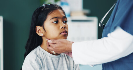 Canvas Print - Doctor, child and neck check with exam, care and medical assessment for sore throat. Hospital, pediatrician and young girl with tonsil, wellness and consultation of patient with asthma and help