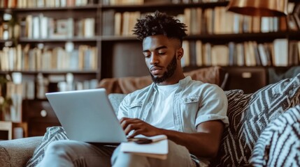 A man sitting on a comfortable couch with a laptop and notepad, working remotely in a cozy living room environment.