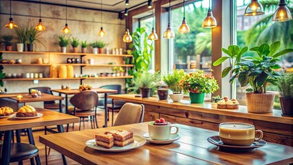 Wall Mural - A warm and inviting cafe with wooden tables, chairs, and a large window overlooking a lush green courtyard, where a cup of coffee and a pastry await a customer.