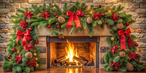 Wall Mural - Festive Fireplace Adorned with Evergreen Garlands, Embellished with Bows and Ornaments, Creating a Warm and Inviting Holiday Atmosphere