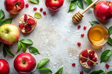 Elegant Rosh Hashana flat lay showcases pomegranates, apples, honey, and lush green leaves on a white stone backdrop,