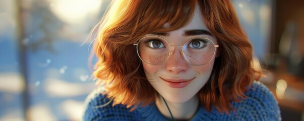 Chestnut-haired woman in blue sweater and glasses, smiling warmly, 4K hyperrealistic photo