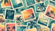 © Fexri - A seamless pattern featuring a set of vintage summer postcard stamps. Retro-style beach vacation postage sticker designs, creating a background illustration.