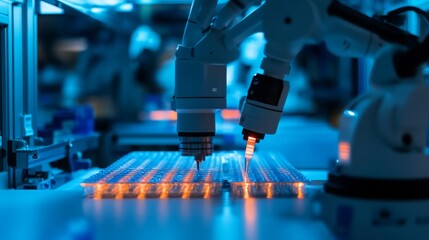 Aufkleber - Two robotic arms are working on a production line in a factory. The arms are moving towards a grid of small, orange lights. The factory is lit with blue lights.