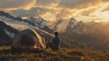 Poster - Solo Camper Admiring Mountain Sunset with Tent