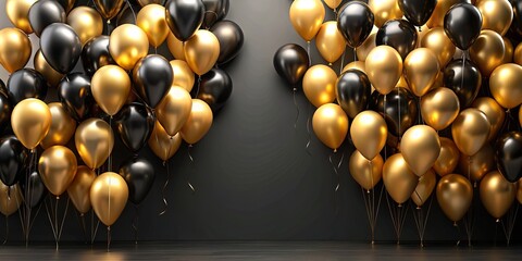 Wall Mural - A celebratory tableau of black and gold balloons clustered against a backdrop of deep charcoal, creating an elegant visual statement for a special occasion.