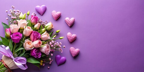 Wall Mural - A vibrant bouquet of pink and purple roses tied with a lavender ribbon and adorned with polka dot and solid hearts on a solid purple background.