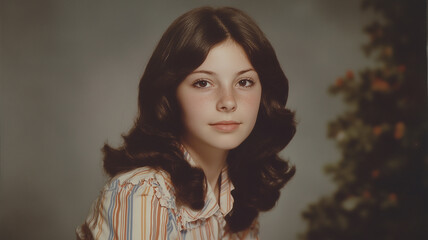 1980s style yearbook headshot of teenage girl with funny hairstyle
